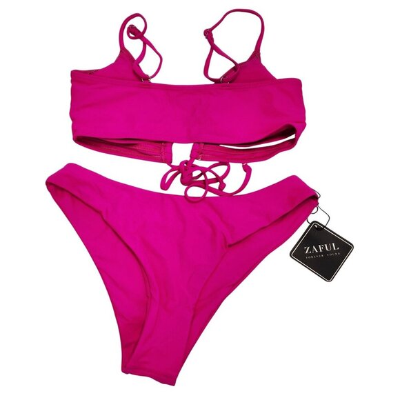 Zaful Womens Pink Ruched Bikini Set With Adjustable Straps & Tie Back Size S - Picture 2 of 7